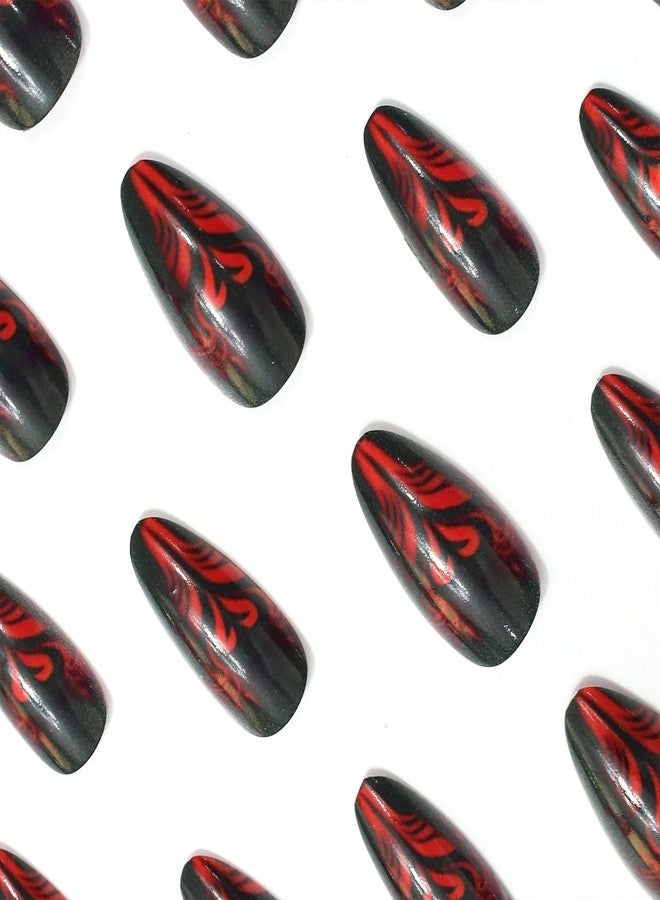 HJKDSFD 24Pcs Red Black Gradient Press on Nails Medium Almond Fake Nails Goth Valentines Glue on Nail Full Cover False Nails with Heart Stripes Designs Reusable Artificial Nails for Women Girls - Image 4